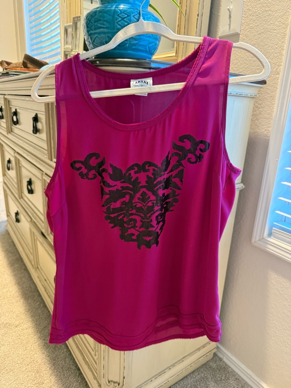 Ariat Magenta Tank Top with Black Decorative Graphic